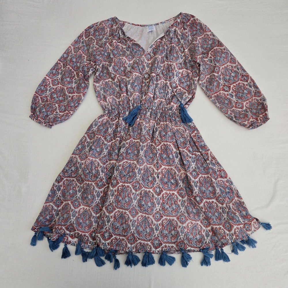 Mer St. Barth Solange Dress Block Print Tassle Tie Closure Peasant Boho Beach S